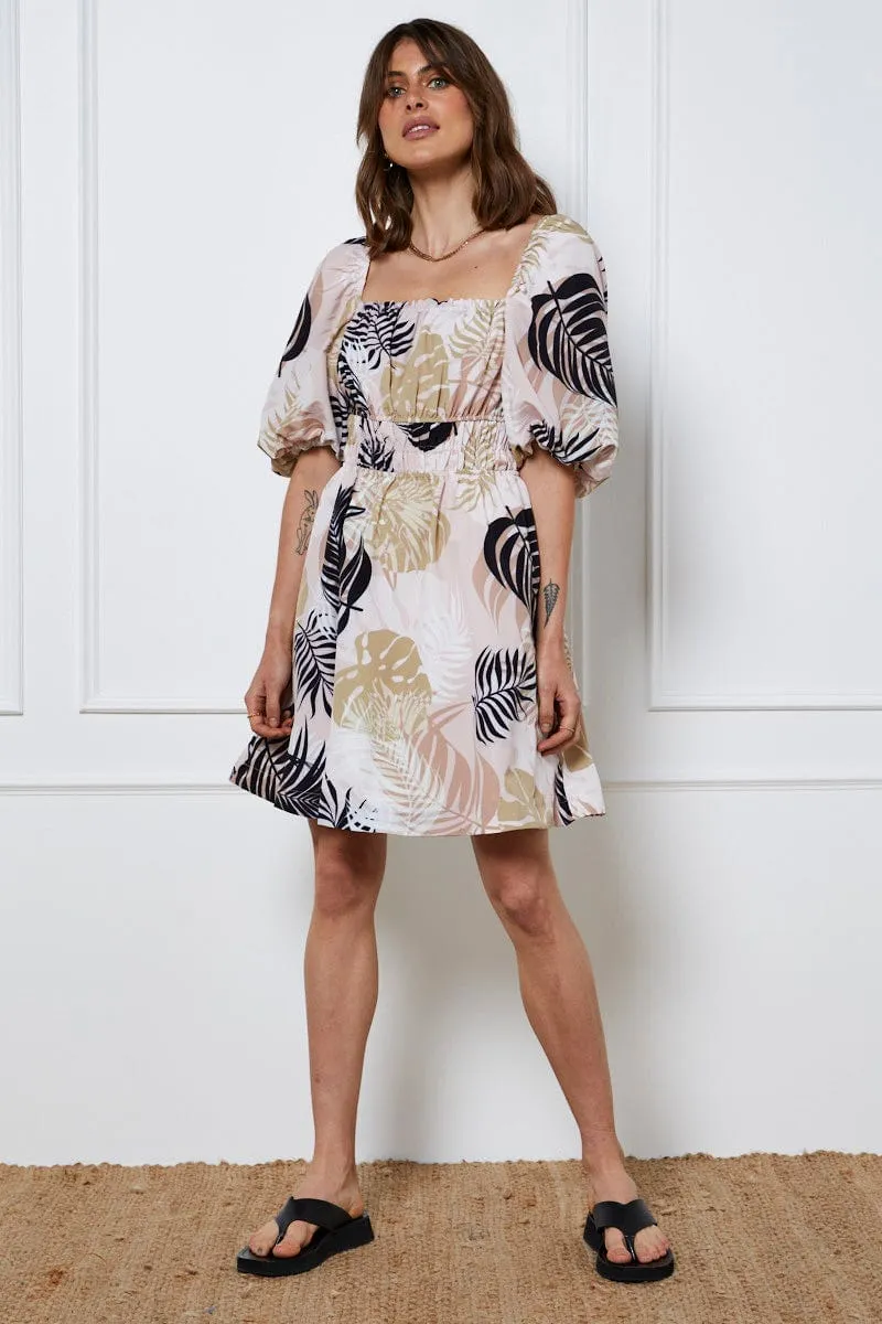 Trop Print Mini Dress Short Sleeve Square Neck Quick Glam
