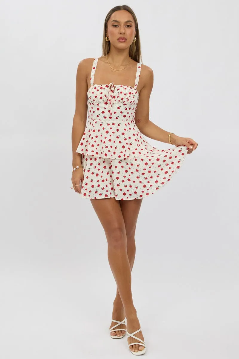 Red Ditsy Fit And Flare Dress Square Neck Mini Adjustable Hem