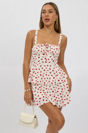 Red Ditsy Fit And Flare Dress Square Neck Mini Layered Hem Details