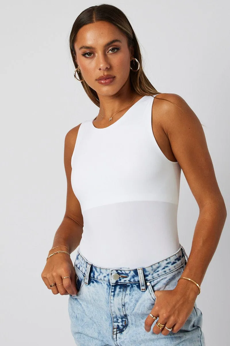 White Bodysuit Sleeveless Crew Neck Seamless Flexible Joints