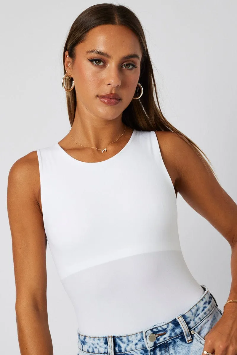 White Bodysuit Sleeveless Crew Neck Seamless Urban Flow
