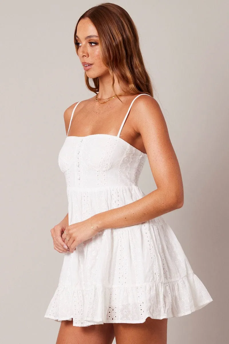 White Fit and Flare Dress Sleeveless Broidery Boss Vibe