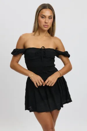 Black Fit And Flare Dress Drop Waist Mini Layered Hem Details