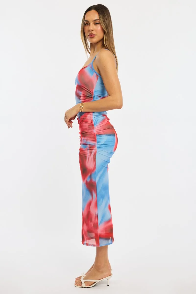 Wrinklefree Magnetic Closure Blue Floral Bodycon Dress Singlet Mesh