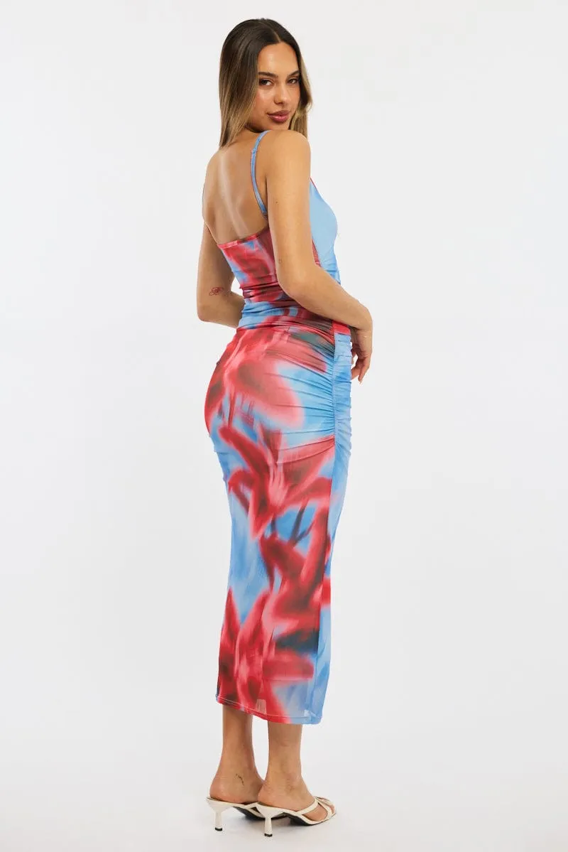 Blue Floral Bodycon Dress Singlet Mesh TemperatureRegulatingLining London Edge