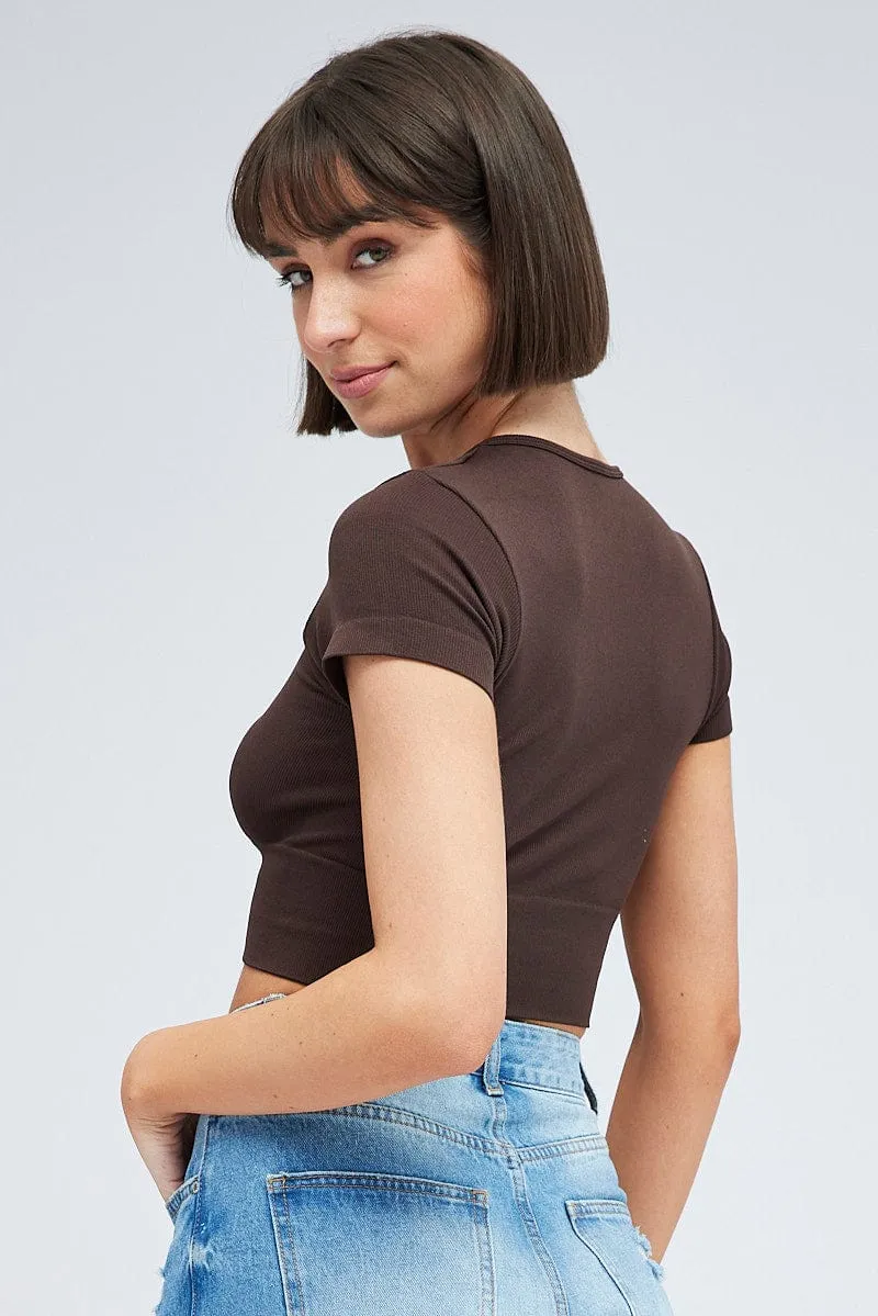slow life Winter Core Brown T Shirt Short Sleeve Crew Neck Seamless