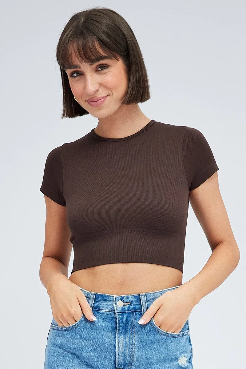 CompactPackability Brown T Shirt Short Sleeve Crew Neck Seamless