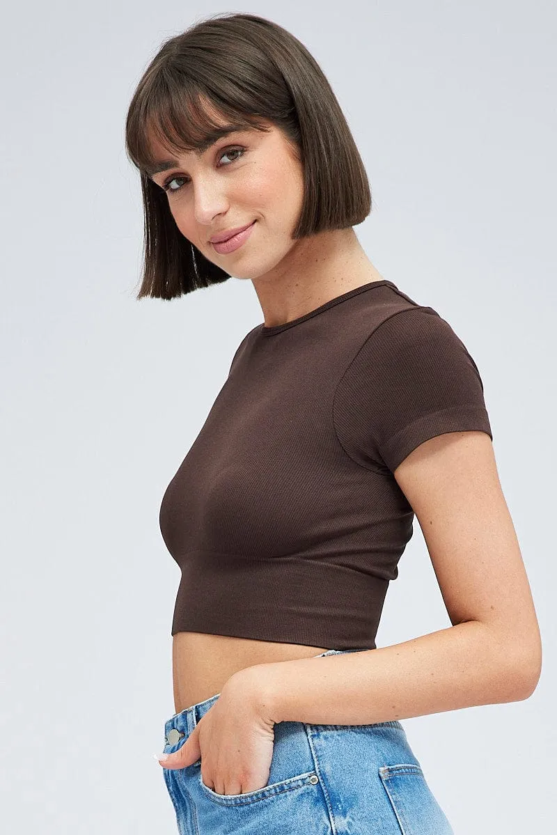 NonRestrictiveFit Brown T Shirt Short Sleeve Crew Neck Seamless