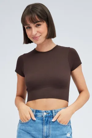 CompactPackability Brown T Shirt Short Sleeve Crew Neck Seamless