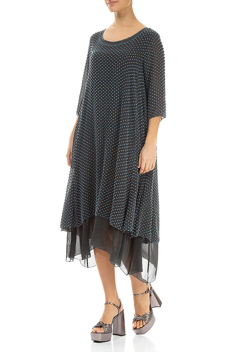Elegant Top Layered Dotty Blue Silver Silk Dress