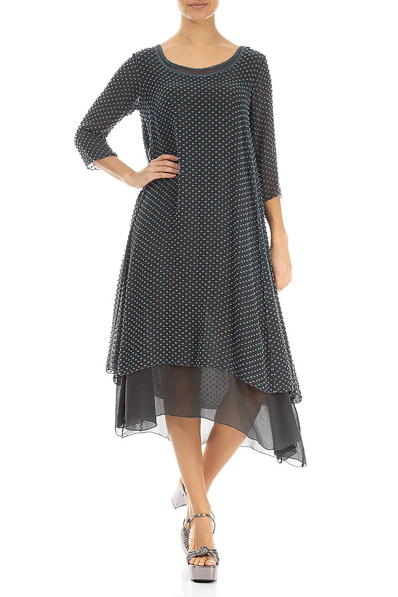Layered Dotty Blue Silver Silk Dress Sunset Scene