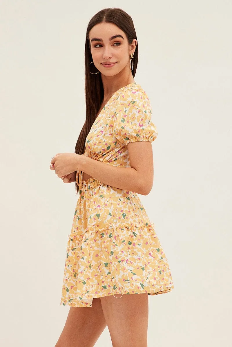 ThermalInsulated Yellow Print Cutout Skater Dress