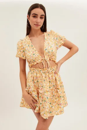 AntiSnagFabric Chic Skirt Yellow Print Cutout Skater Dress