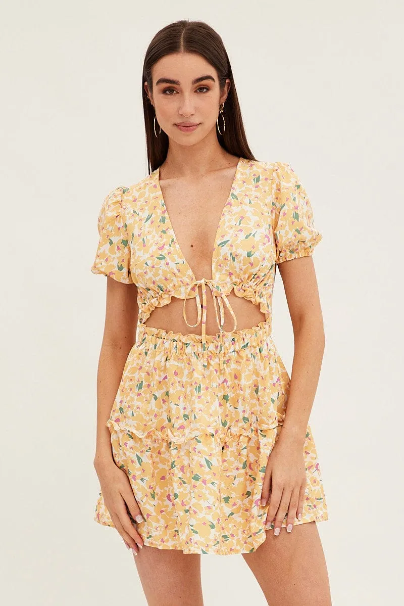 AbrasionResistantThread Romance Fit Yellow Print Cutout Skater Dress