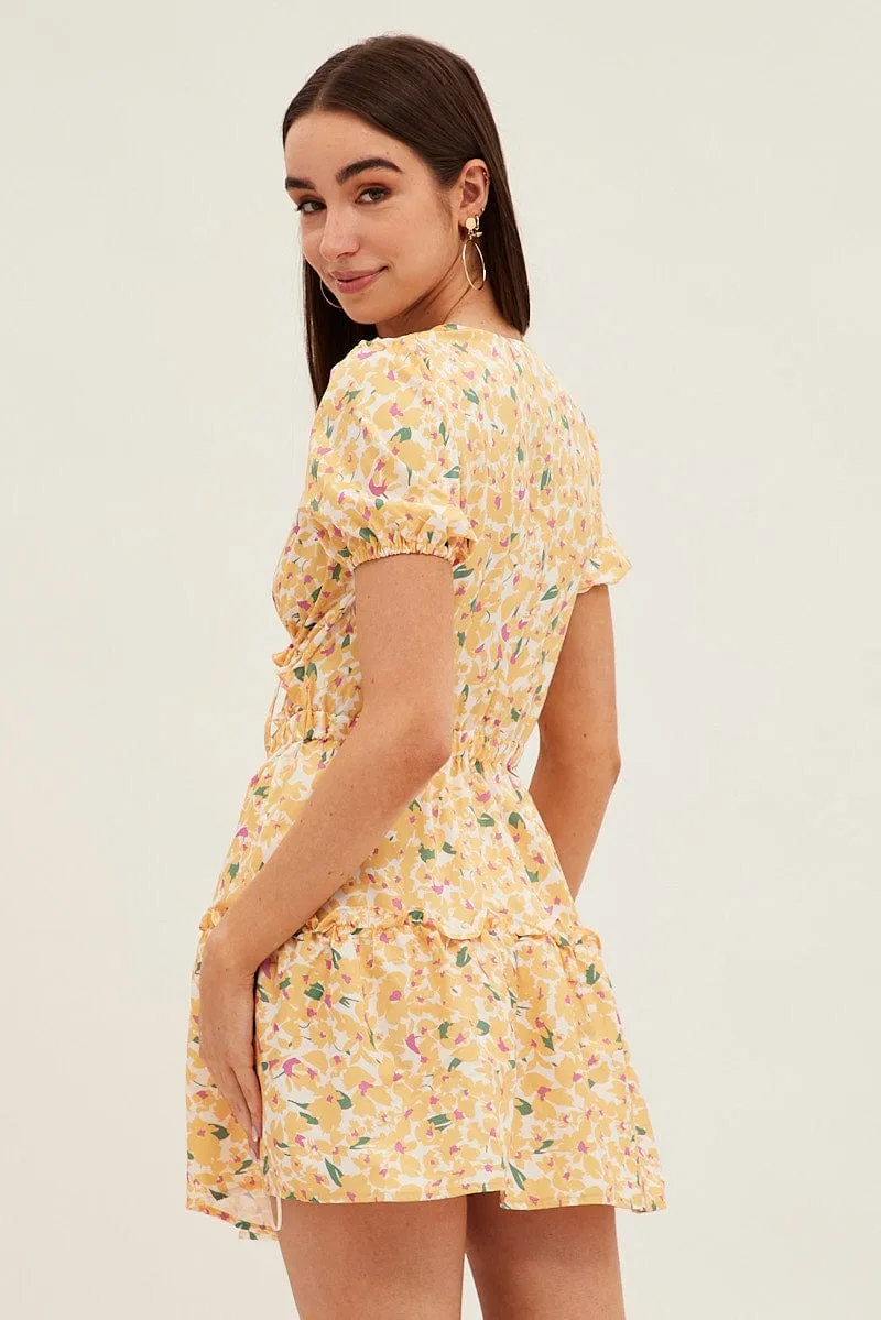 Yellow Print Cutout Skater Dress Polish Tone