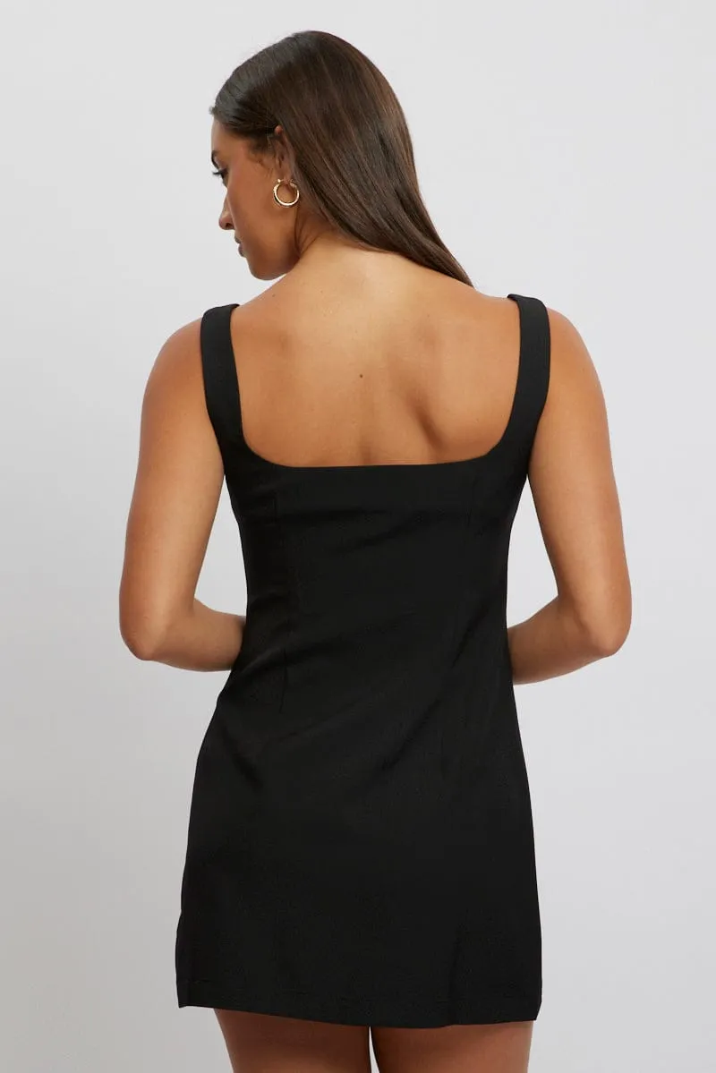 Breathable Lining Black Mini Dress Square Neck Button Down