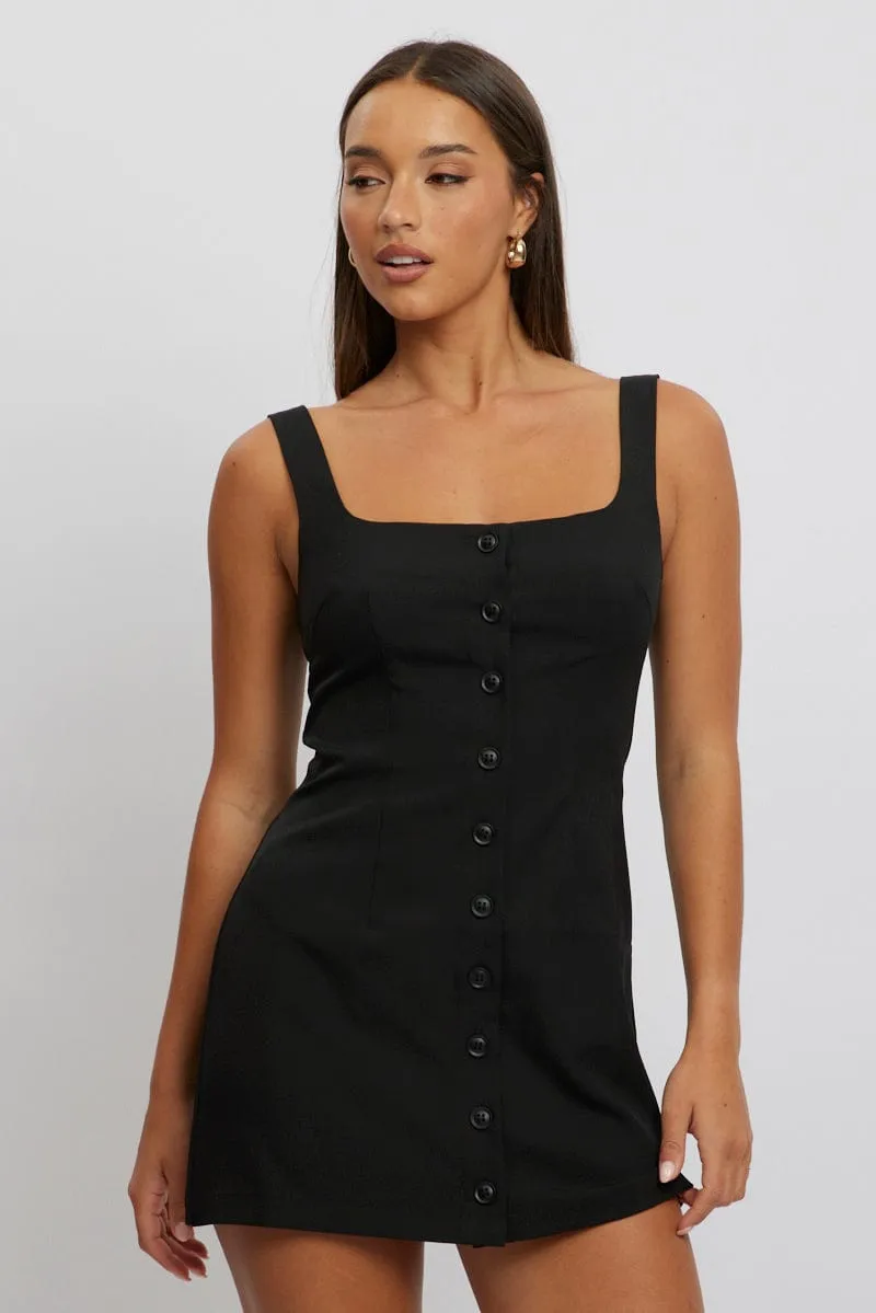 Wide Range Motion Black Mini Dress Square Neck Button Down