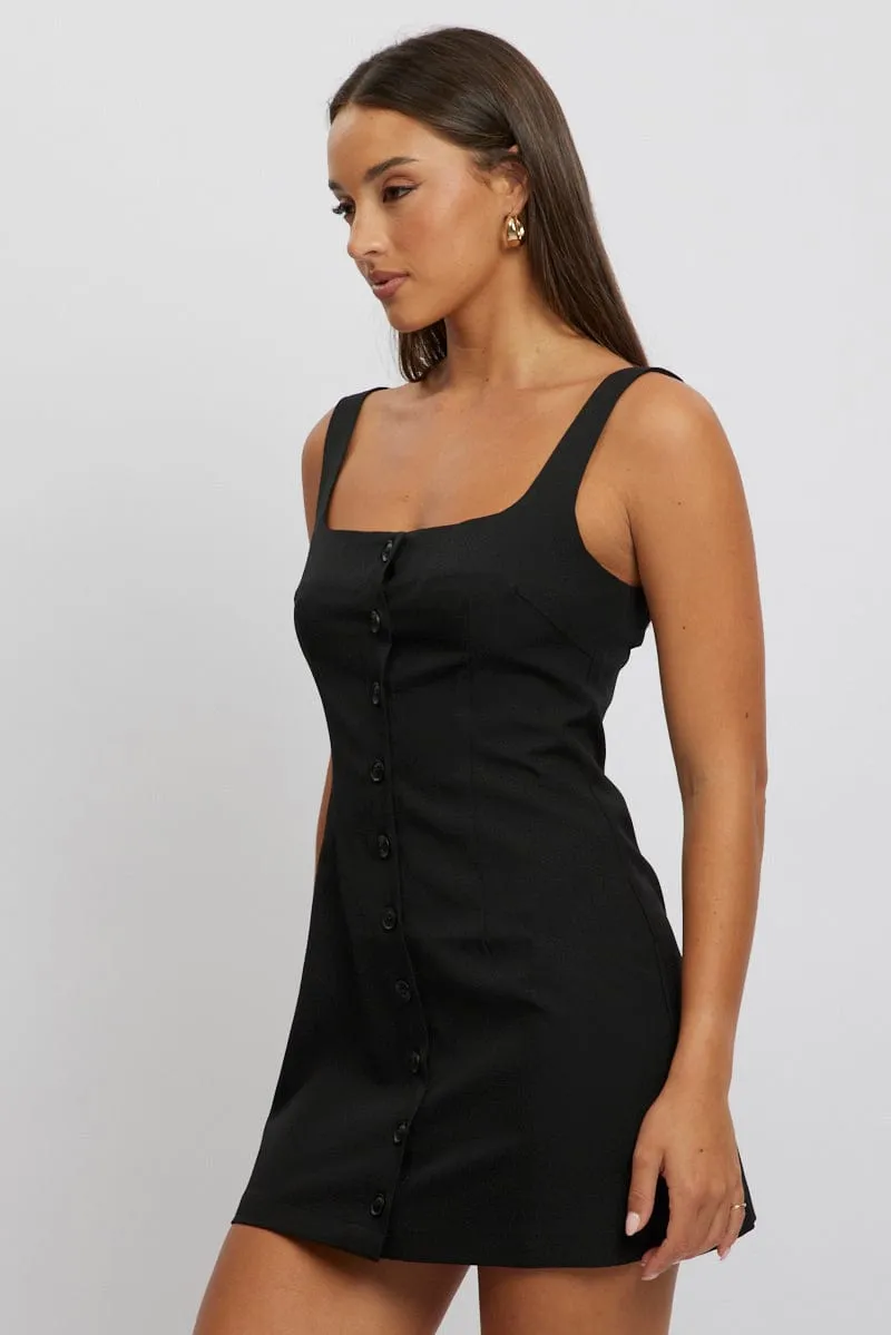 Party Star Black Mini Dress Square Neck Button Down