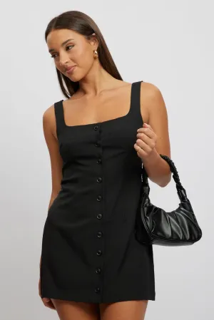 Trendy Silhouette High Light Black Mini Dress Square Neck Button Down