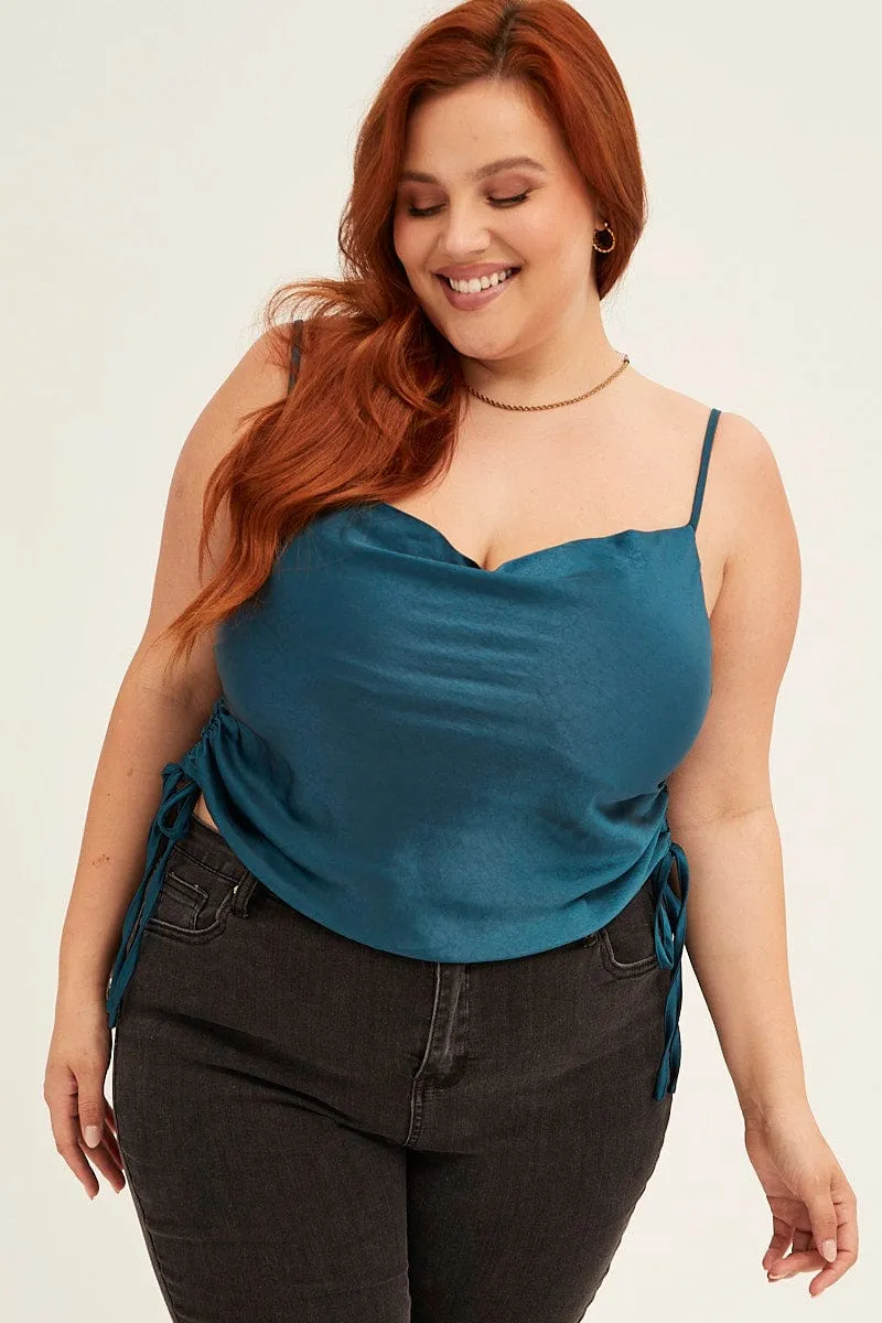 Neat Edge Blue Cowl Neck Top Sleeveless Side Ruched Satin