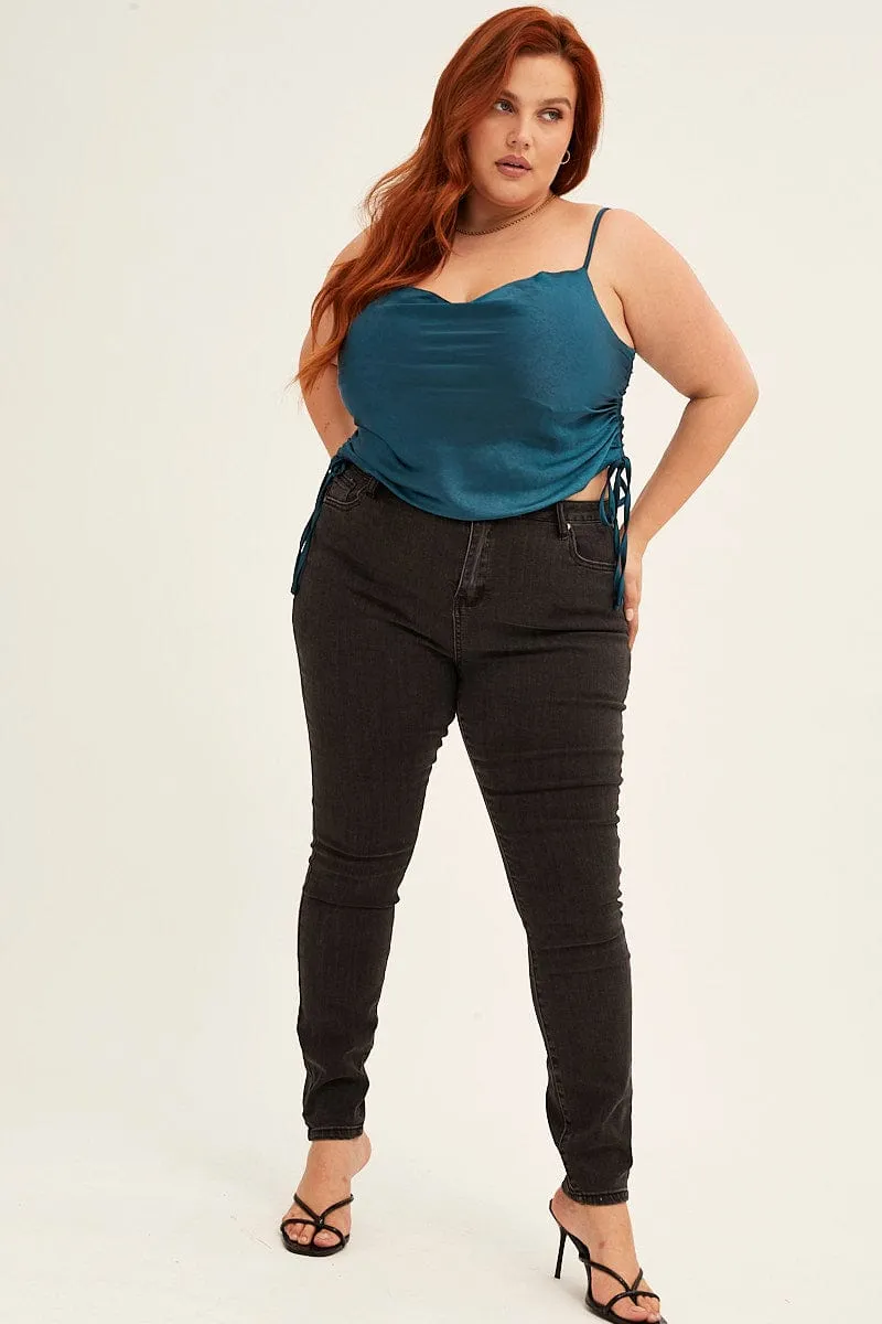 Blue Cowl Neck Top Sleeveless Side Ruched Satin SmoothFinish