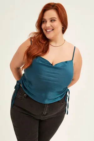 Formal Shirt Blue Cowl Neck Top Sleeveless Side Ruched Satin