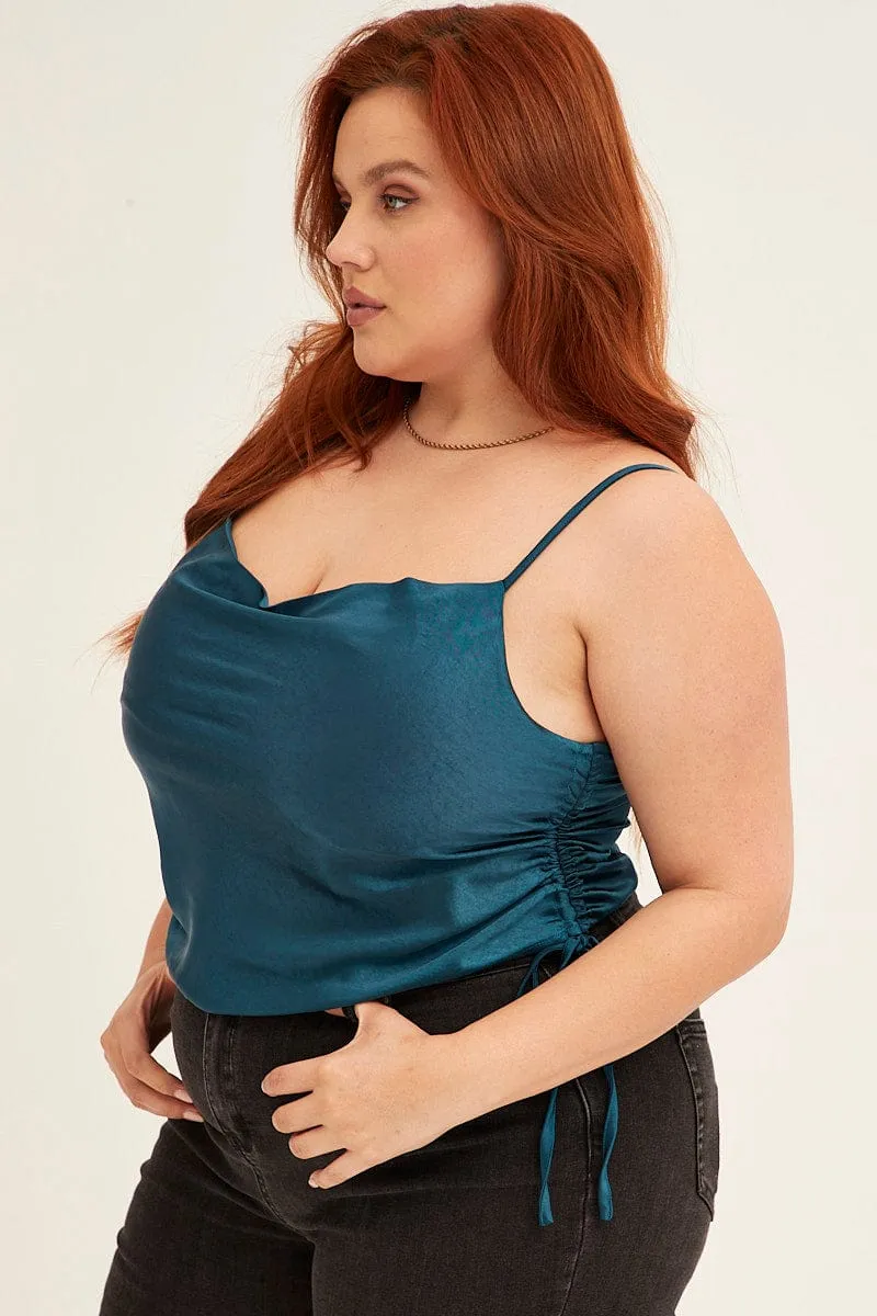 Light Wool Blue Cowl Neck Top Sleeveless Side Ruched Satin