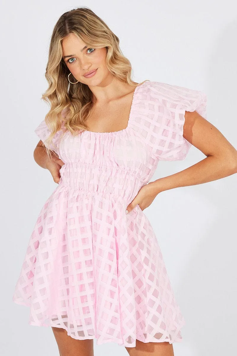 Pink Fit And Flare Dress Puff Sleeve Mini Urban Cool