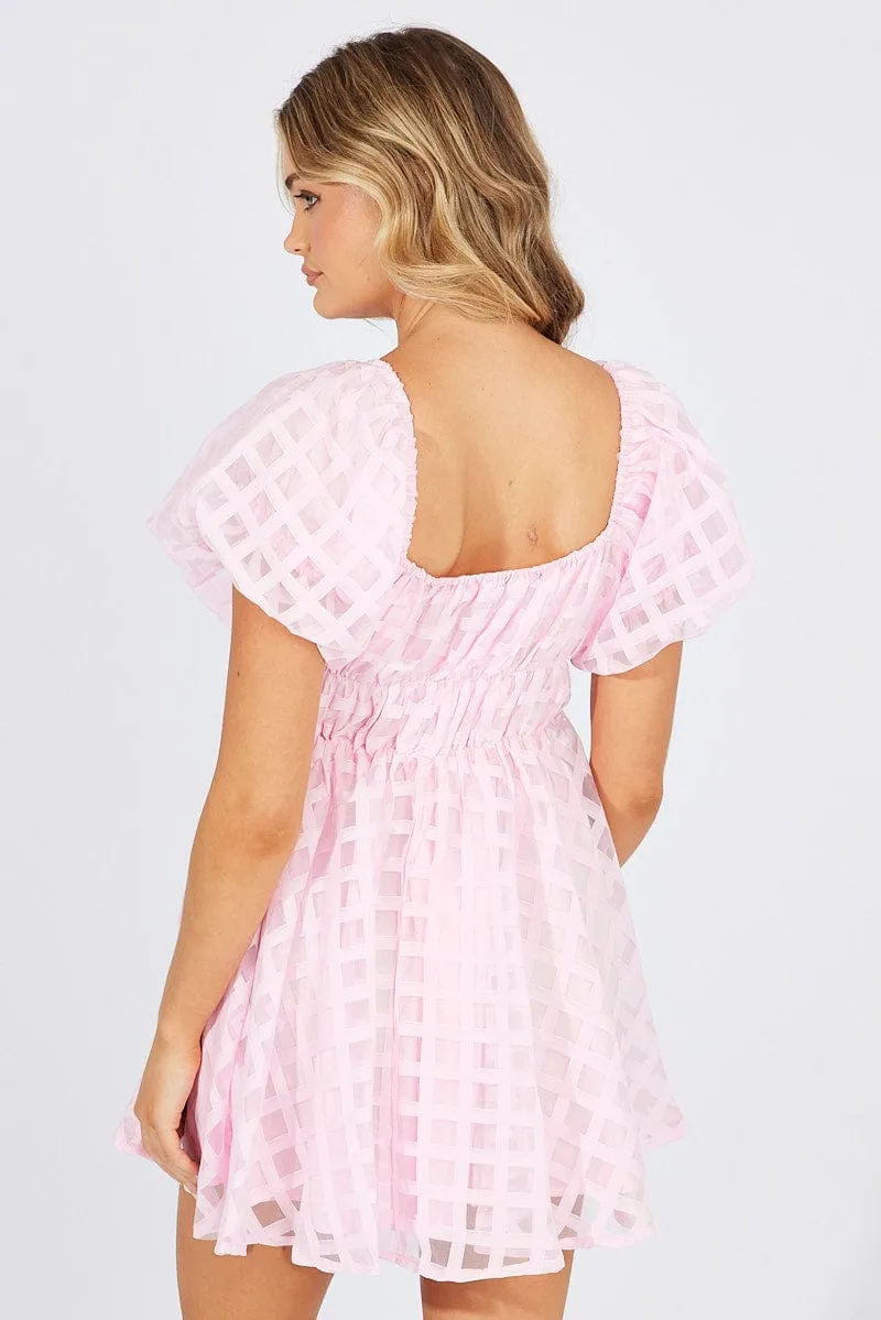 Boss Vibe Pink Fit And Flare Dress Puff Sleeve Mini