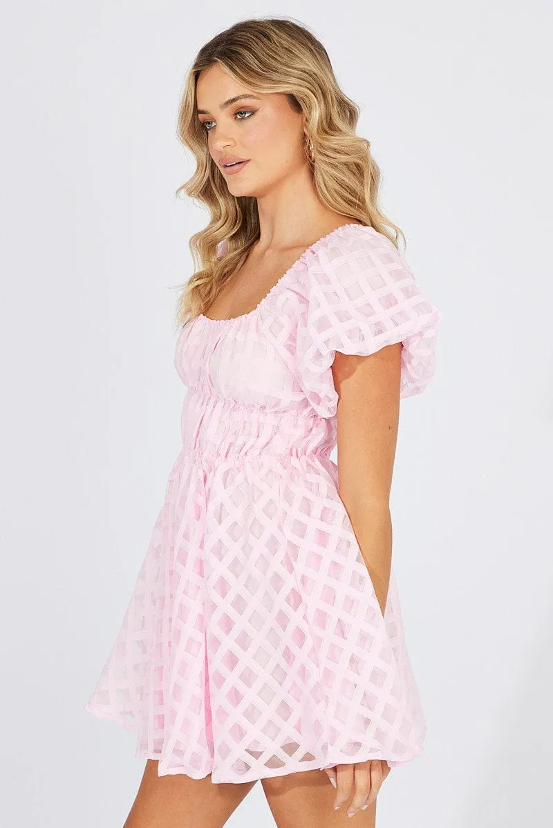 Style Mood Clear Mind Pink Fit And Flare Dress Puff Sleeve Mini