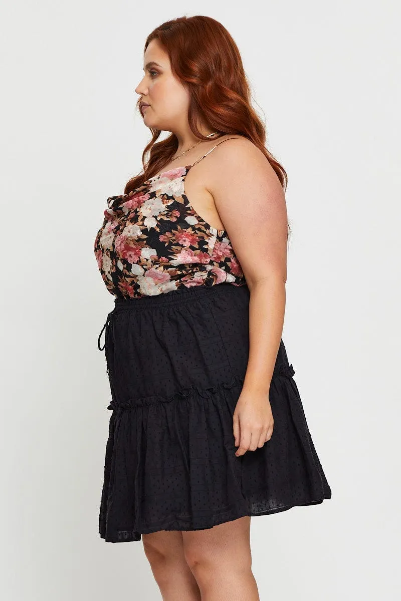 Stretch Material Black Mini Skater Skirt Cotton Blend Elastic Waist
