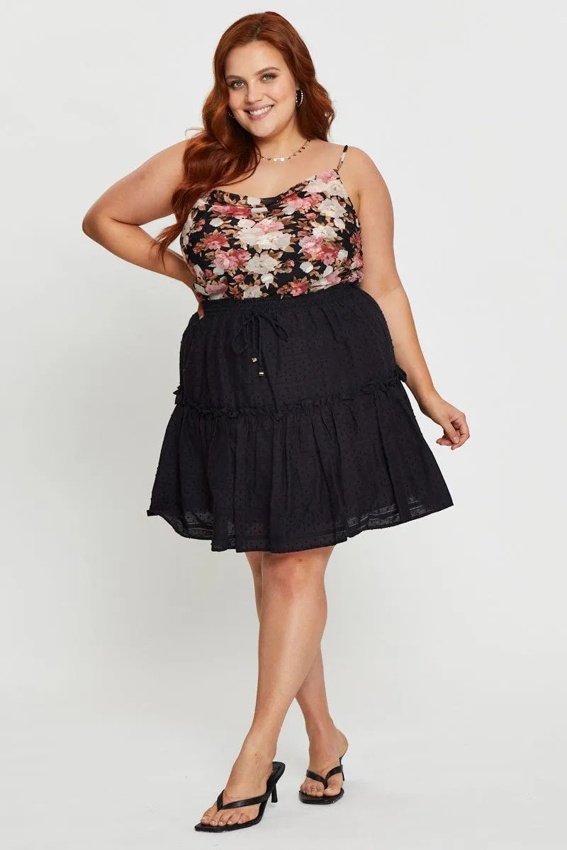 Black Mini Skater Skirt Cotton Blend Elastic Waist Smooth Cut