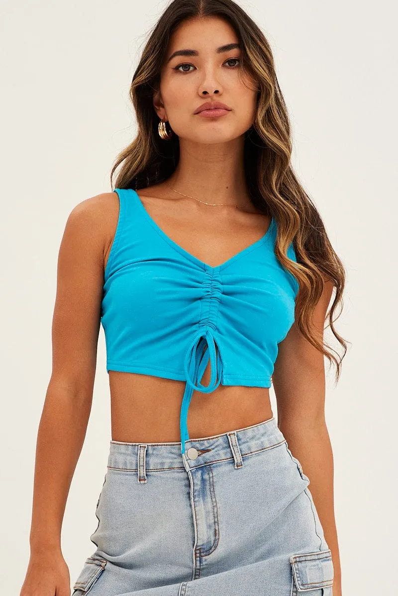 Blue Butterfly Tank Drawstring Front Crop smooth zipper Activewear