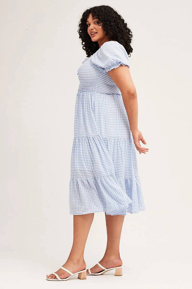 Style Versatile Check Short Sleeve Tiered Midi Dress