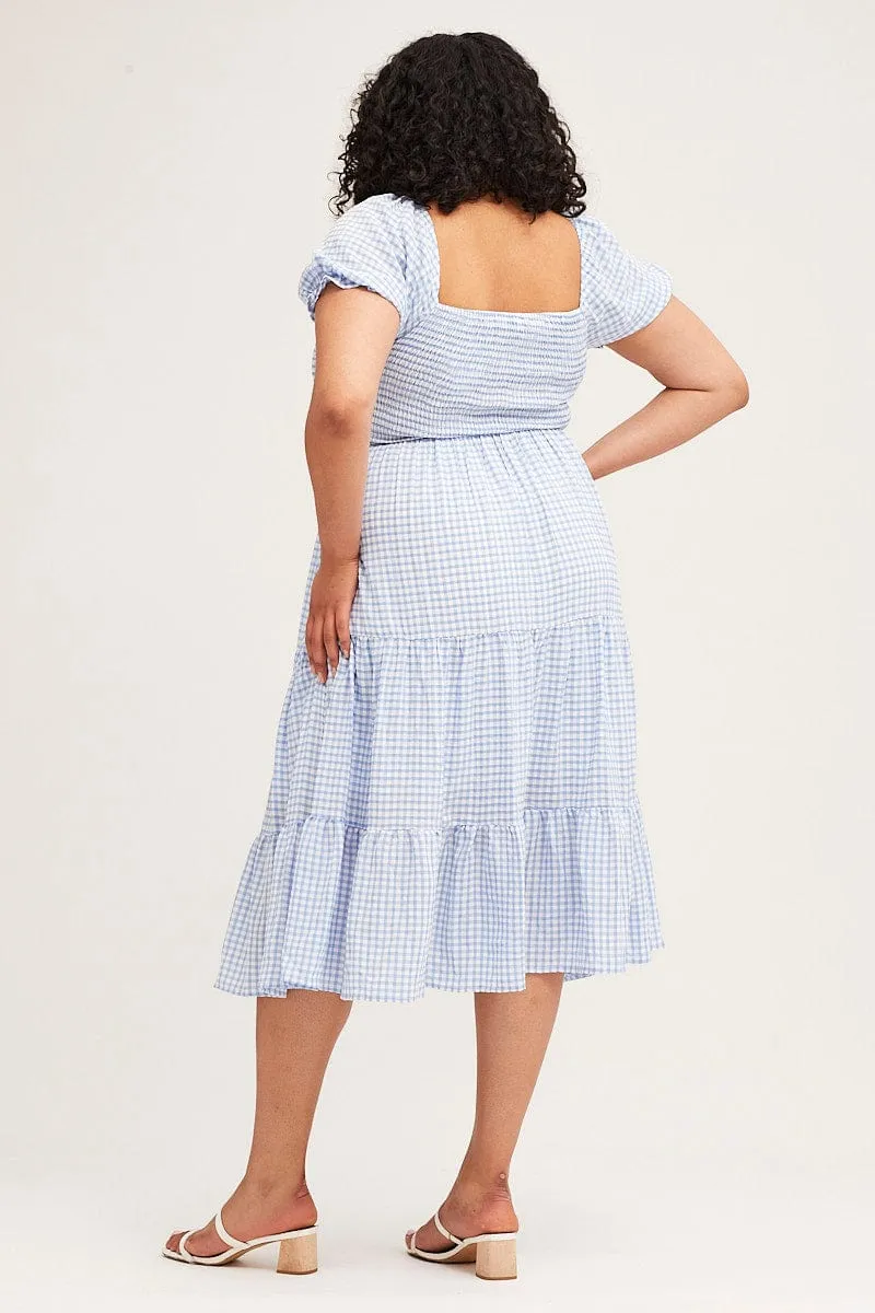 Check Short Sleeve Tiered Midi Dress City Sleek