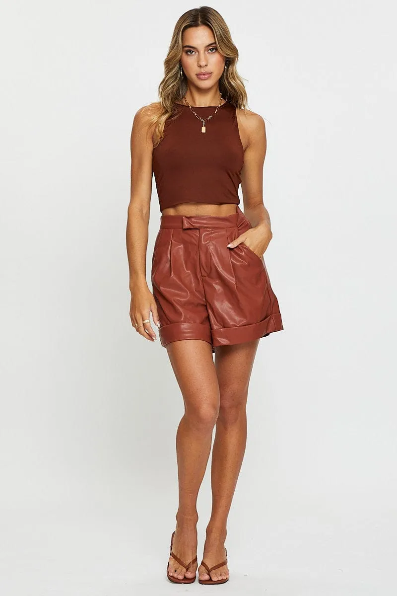 Brown Tank Top Sleeveless Crew Neck MatteFinishTexture