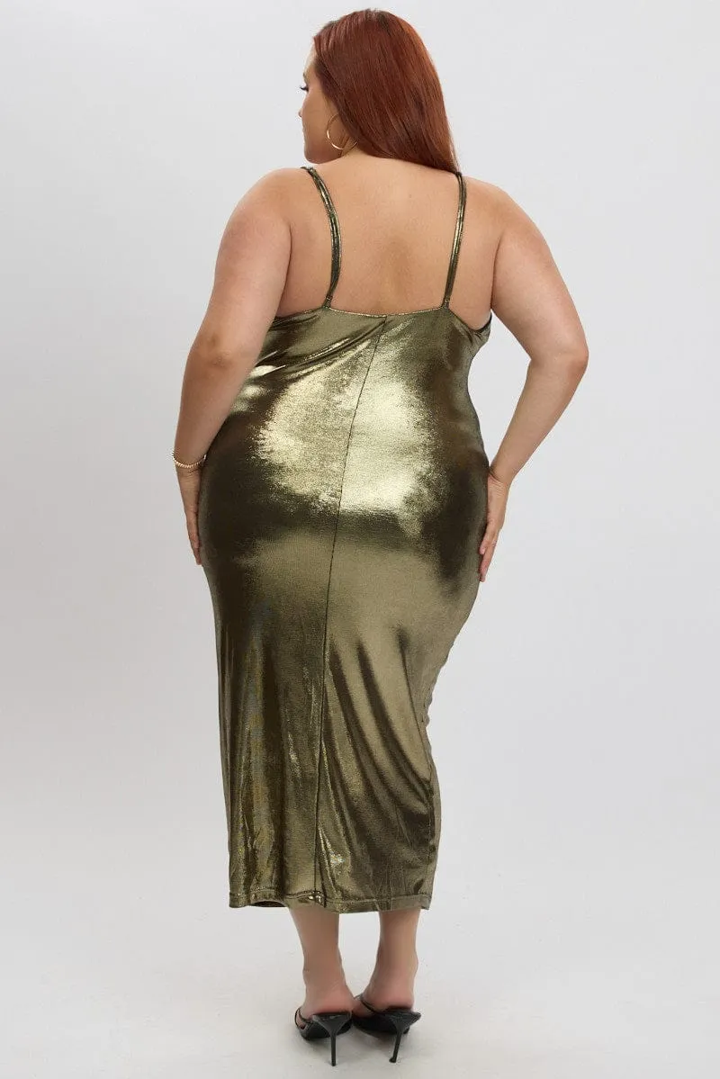 Gold Foiled Cowl Neck Bodycon Midi Dress Comfortable Design