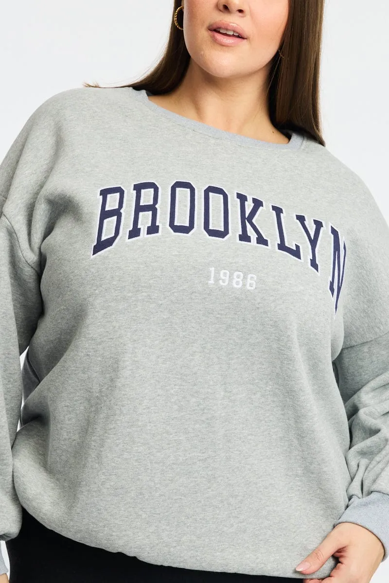 Soft Wear patch accents Grey Sweater Long Sleeve Crew Neck