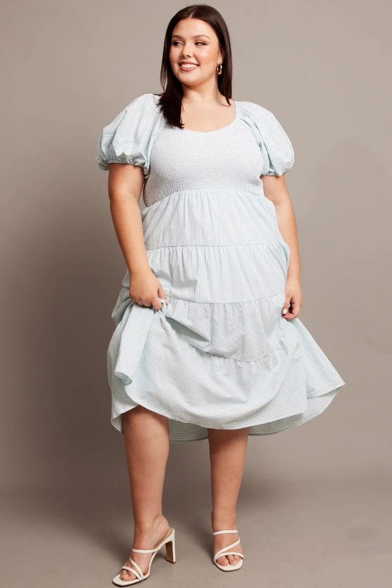 Harbor Light Market Day Green Stripe Midi Dress Short Sleeve Tiered