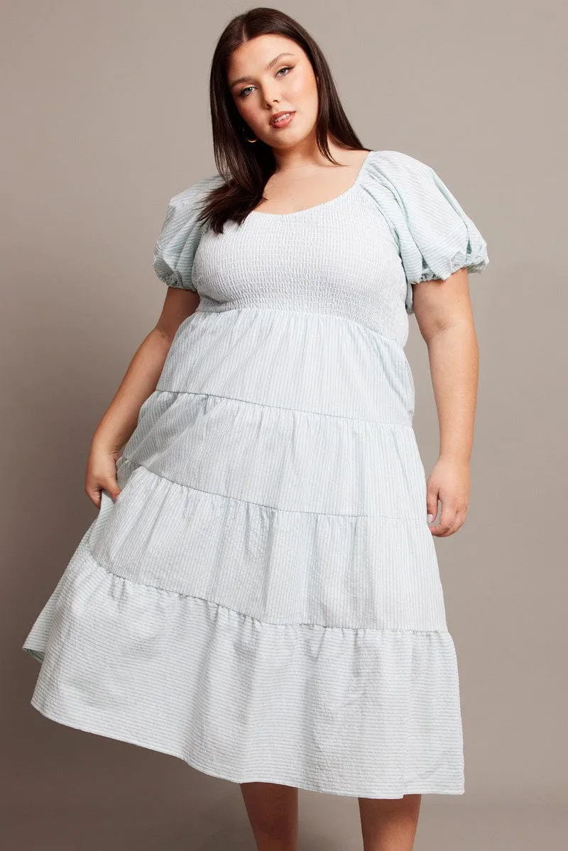 Green Stripe Midi Dress Short Sleeve Tiered Confident Girl