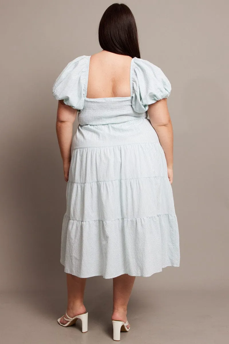 Cloud Sea Green Stripe Midi Dress Short Sleeve Tiered