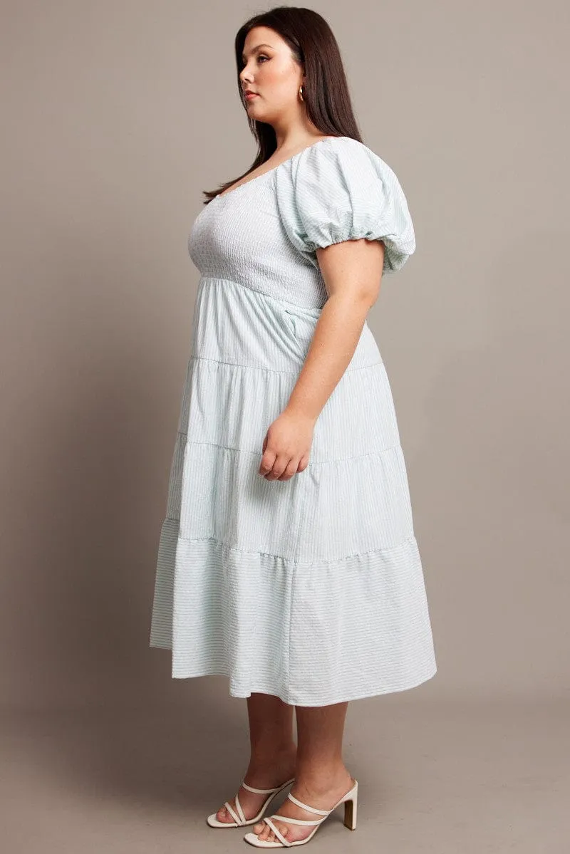 All-season midi Rainbow Arc Green Stripe Midi Dress Short Sleeve Tiered