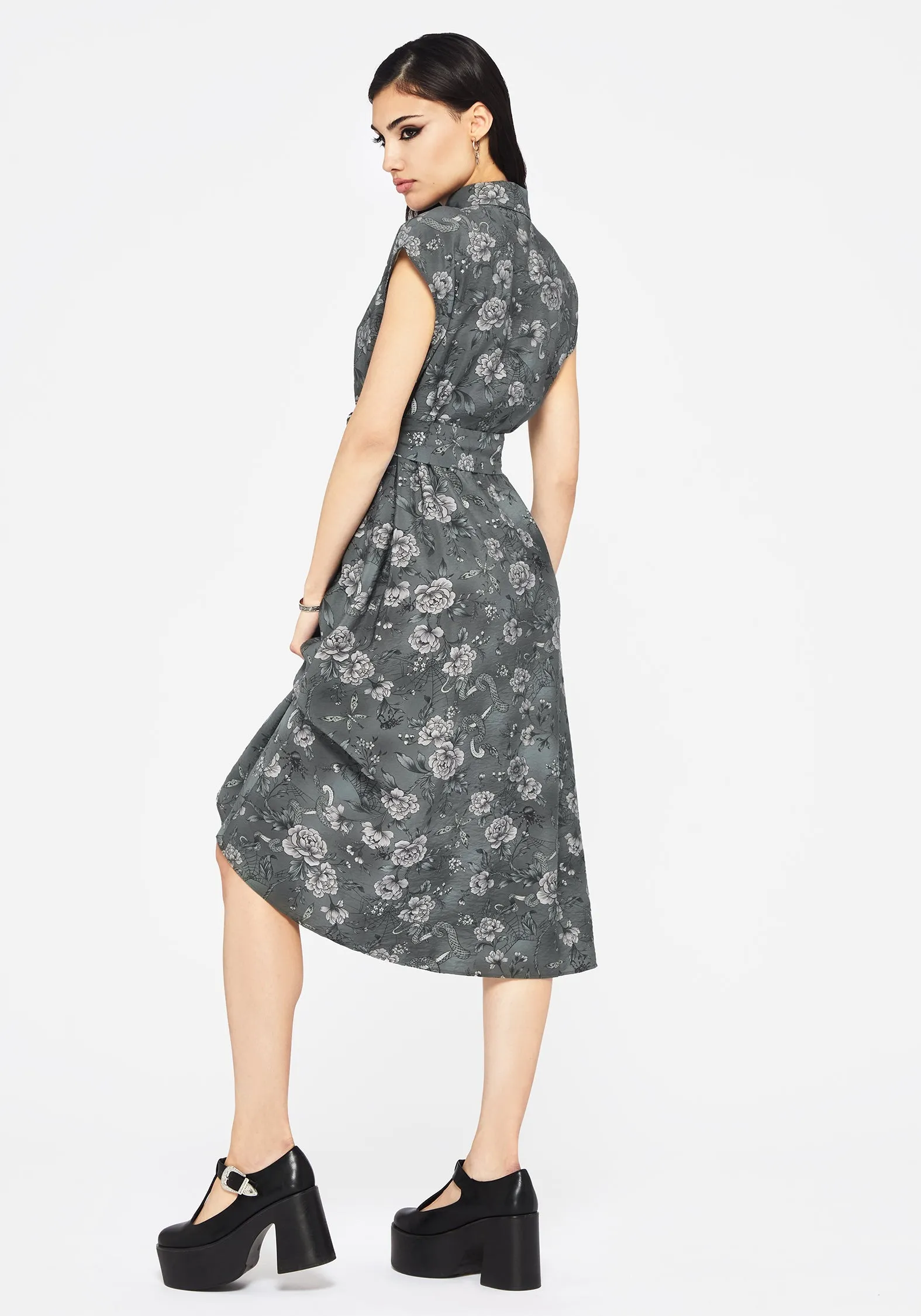 Polished Comfort Travel Light Meadow Floral Serpent Print Midi Shirt Dress