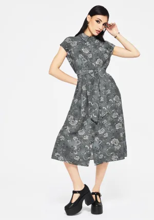 Casual Comfort Meadow Floral Serpent Print Midi Shirt Dress