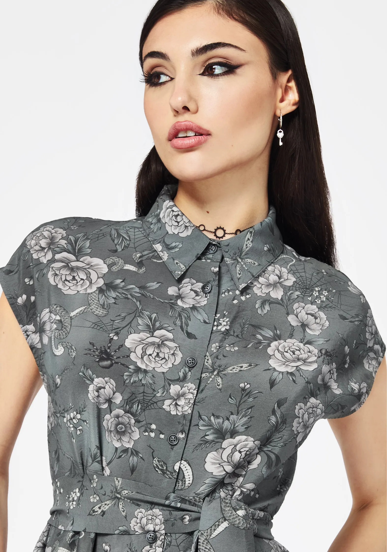 Rain Path Wood Deck Meadow Floral Serpent Print Midi Shirt Dress