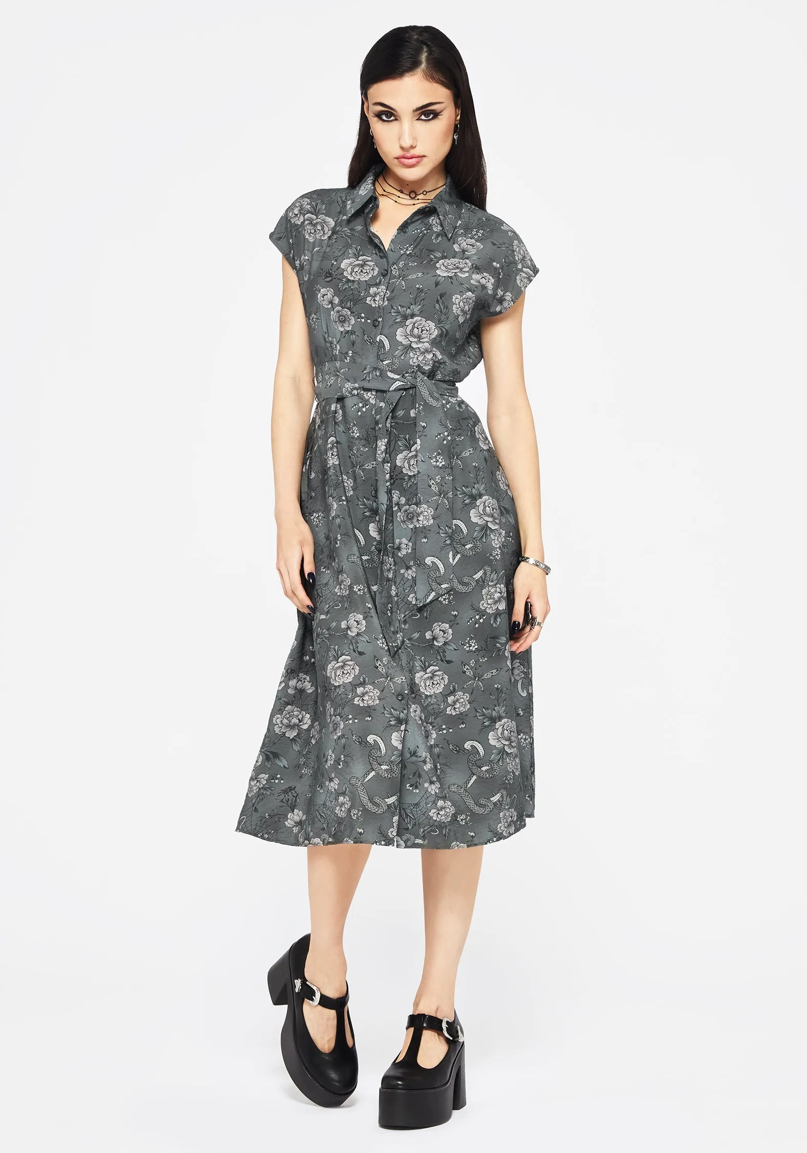 Reef View Modern Edge Meadow Floral Serpent Print Midi Shirt Dress