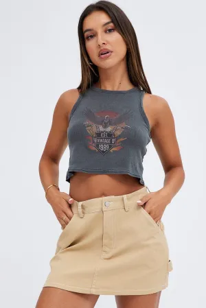 Black Tank Crop Top Round Neck Graphic Print WindResistantWeave Classic Jeans