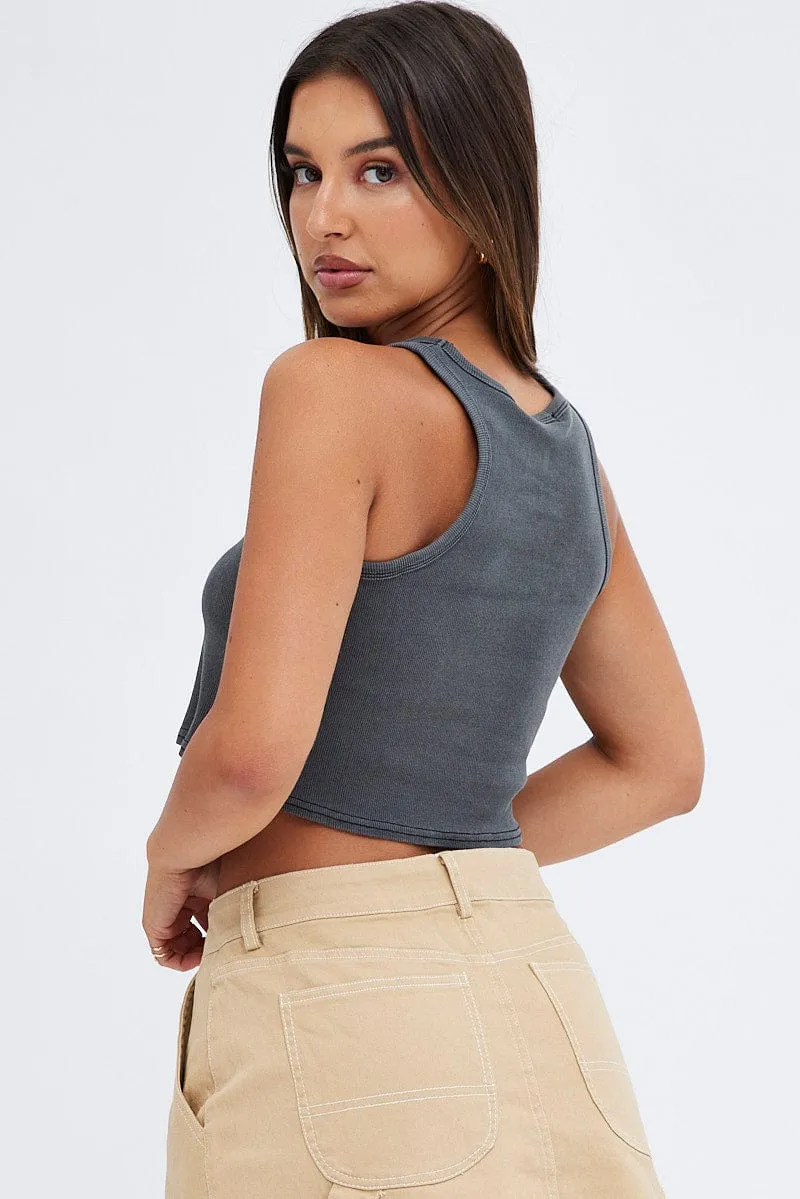 Outdoor Look Regal Glow Black Tank Crop Top Round Neck Graphic Print
