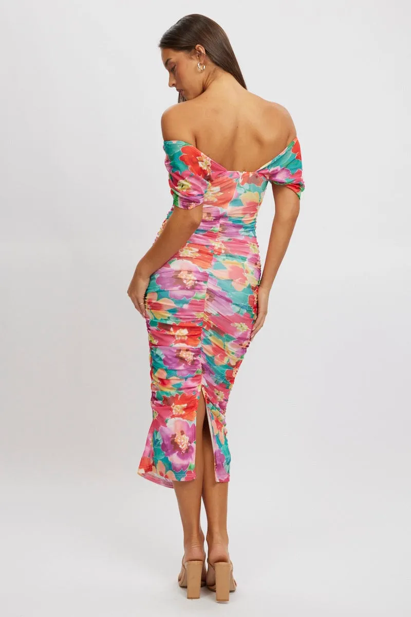 Multi Floral Bodycon Dress Mesh Everyday Outfit HighCollar Style