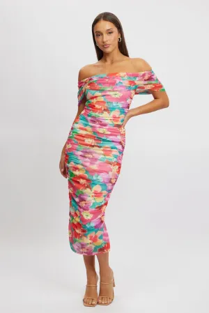 Multi Floral Bodycon Dress Mesh Functional Wear